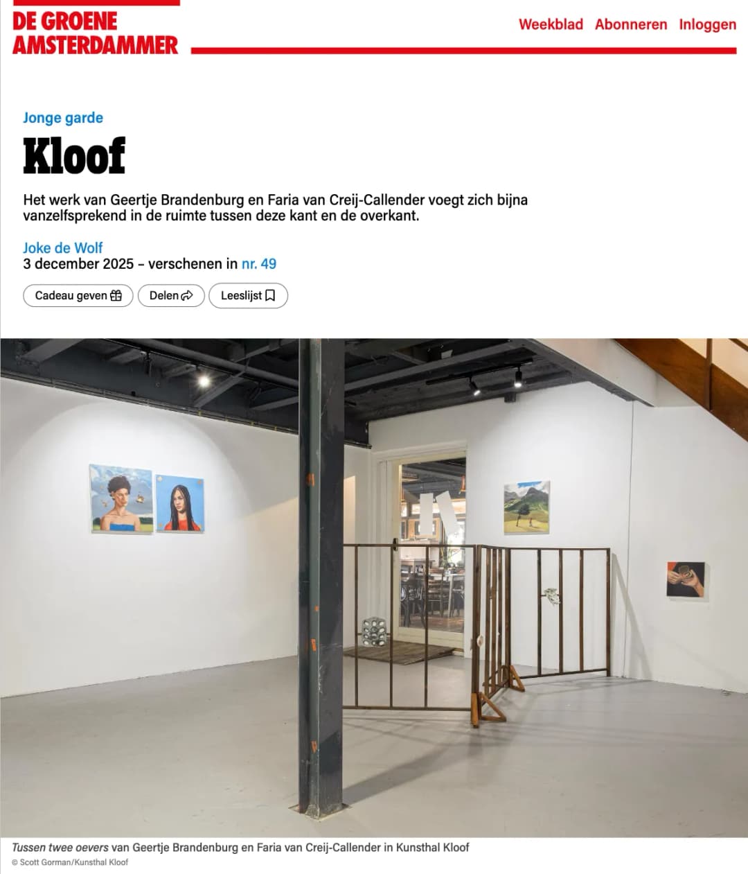 De Groene Amsterdammer: Kloof, interview met Faria van Creij-Callender en Geertje Brandenburg, Kunsthal Kloof, Joke de Wolf